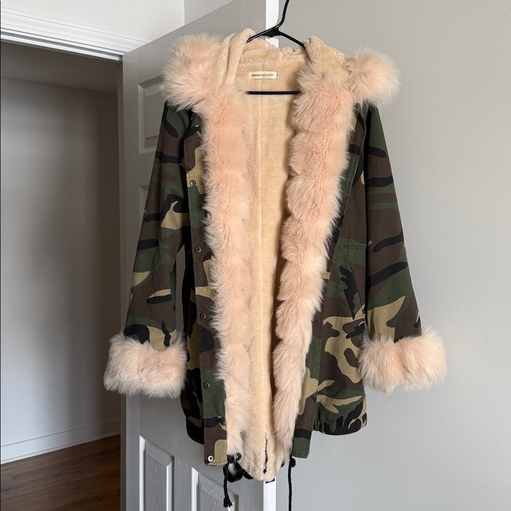 Camouflage Coat with Cream/Pink Faux Fur Trim